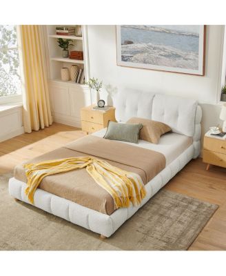 Queen Boucle Fabric Platform Bed with Solid Wood Legs