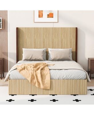  Queen Size Serrated Wooden Platform Bed with Wing-Shaped Headboard