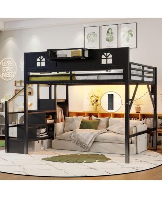  Queen Size Metal Loft Bed with Stairs Wardrobe and Guardrails