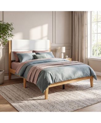  Mid-Century Modern Upholstered Queen Platform Bed Natural Wood