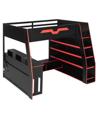  Full Size Wood Loft Bed with Desk Storage Shelves and RGB Lights
