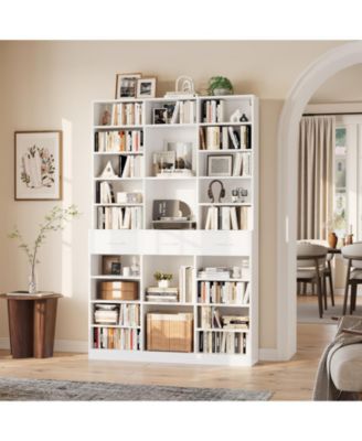 75" Tall Bookcase with Drawers, 9-Tier Adjustable Shelves, Farmhouse Wood Bookshelf for Living Room and Office