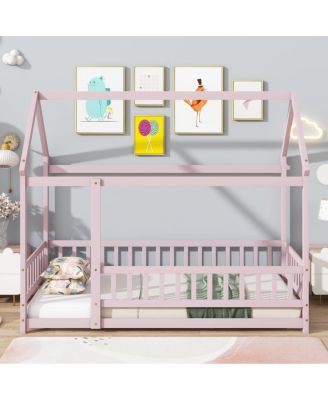 Twin Size House Floor Wooden Bed with Roof Frame Safety Guardrails