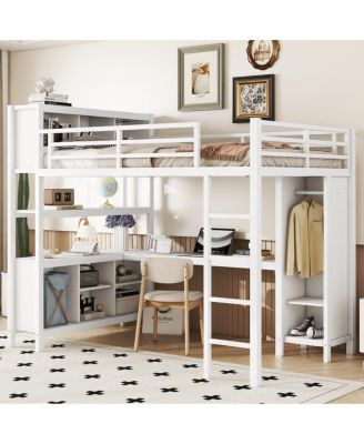 Full Size Metal Loft Bed with Wardrobe L-Shaped Desk and Storage