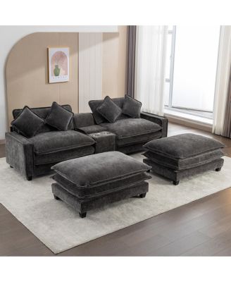 111'' Chenille Sectional Sofa with Storage Ottomans USB Ports and Cup Holders