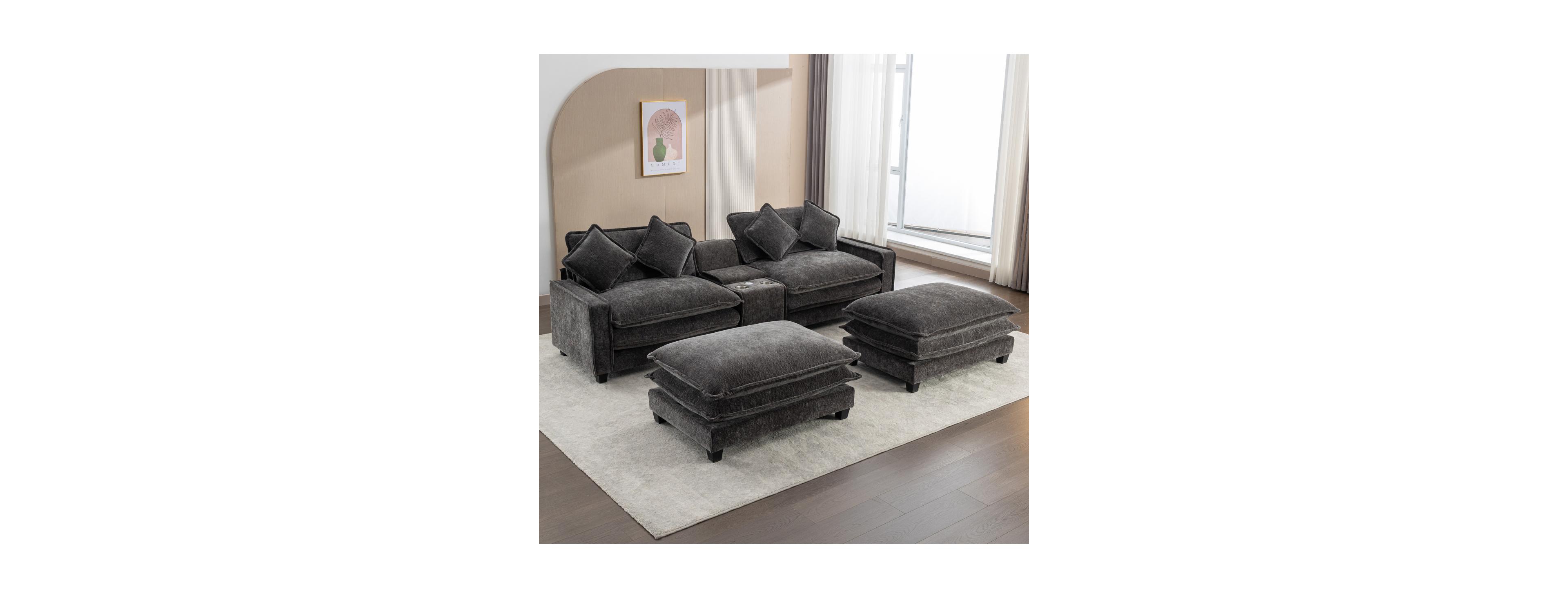 Streamdale Furniture 111'' Chenille Sectional Sofa with Storage Ottomans Usb Ports and Cup Holders