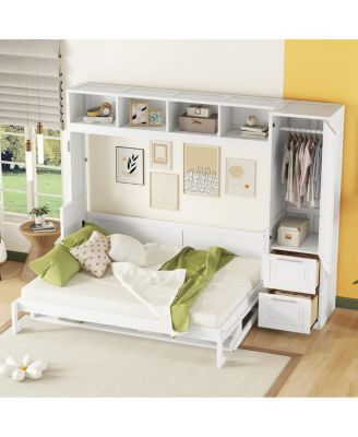  Queen Size Murphy Bed Wall Bed with Closet and Drawers