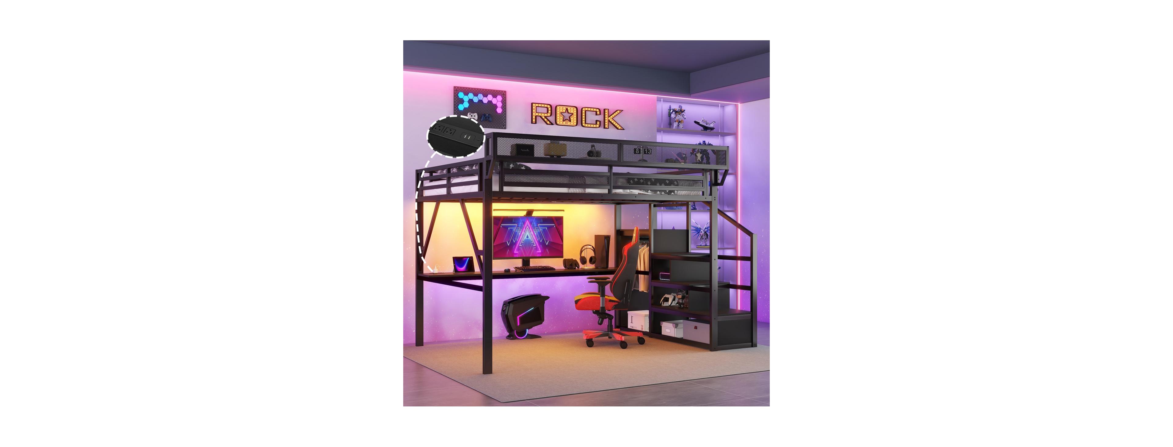 Streamdale Furniture Full Loft Bed with Desk Charging Station and Stairs