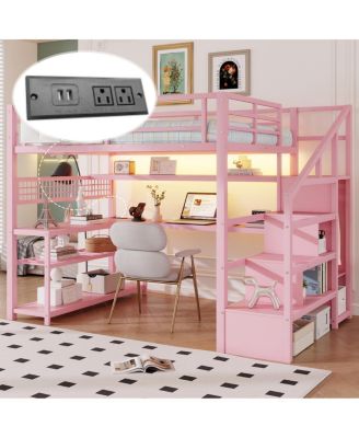  Full Size Metal Loft Bed with Staircase Desk Wardrobe and LED Lights