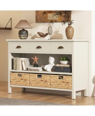   Retro Console Table with 3 Storage Drawers and Woven Baskets