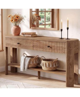 Console Table with 2 Storage Drawers, 59-Inch Narrow Entryway Table with Storage Shelf, Farmhouse Fluted Sofa Tables Behind Couch