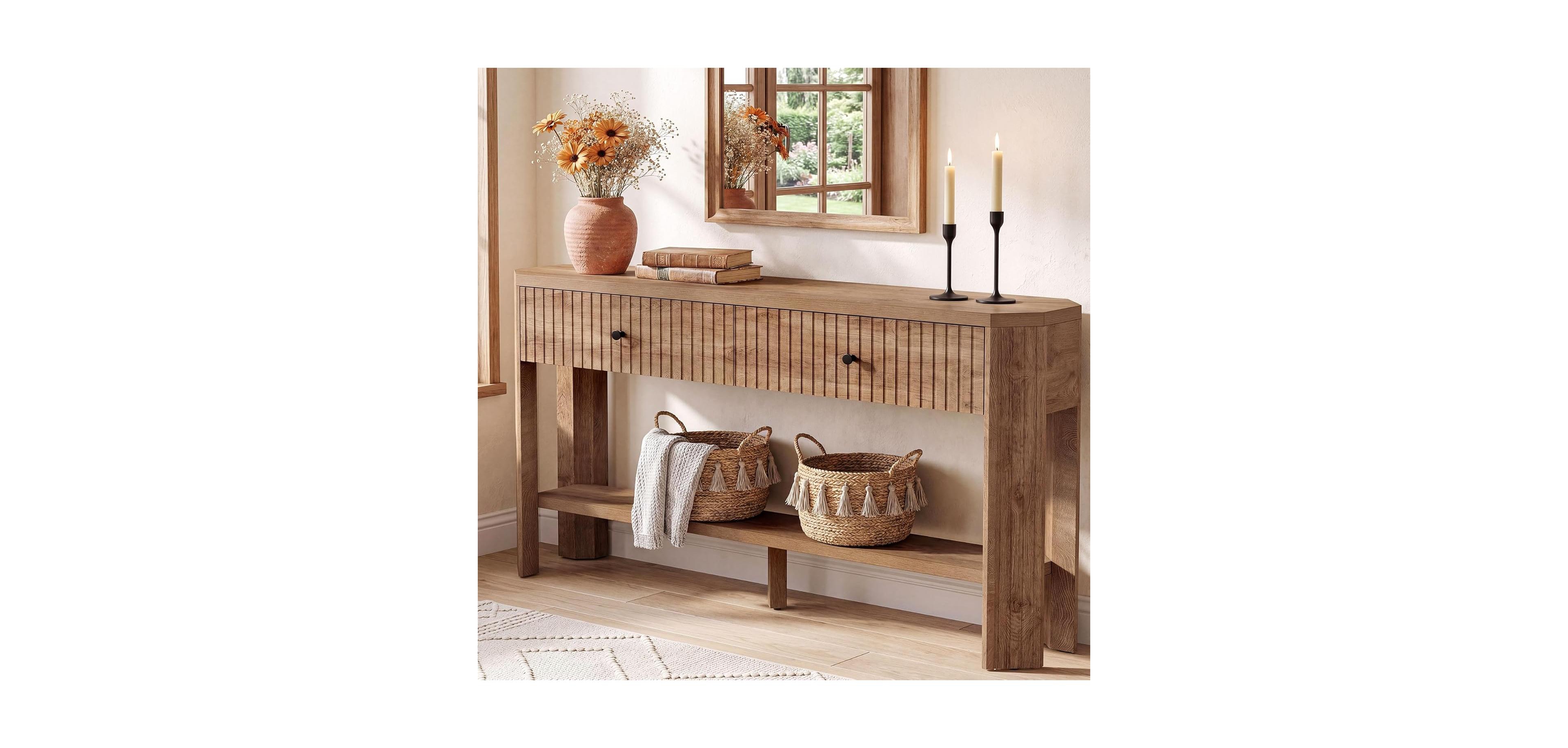 Tribesigns Console Table with 2 Storage Drawers, 59-Inch Narrow Entryway Table with Storage Shelf, Farmhouse Fluted Sofa Tables Behind Couch
