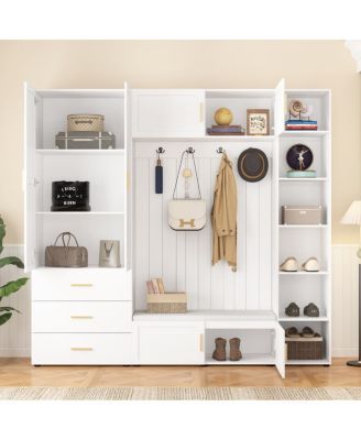 4-in-1 American Style Hall Tree with Padded Bench and Storage