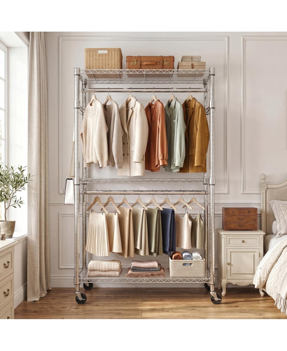Streamdale Furniture Heavy Duty 3-Tier Rolling Garment Rack with Adjustable Shelves and Hooks