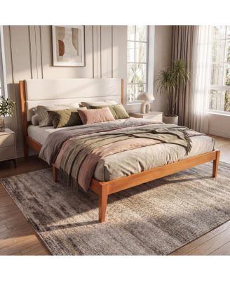 Mid-Century Modern King Platform Bed with Upholstered Headboard