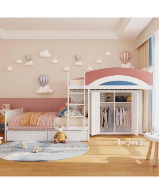 Full Size Offset Bunk Bed with Wardrobe Drawers and Upholstered Guardrail