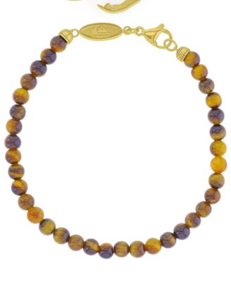 Quiksilver Men's 18k Yellow Gold-Plated Oval Tag Tiger Eye Bracelet - Gold/Brown
