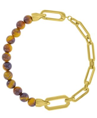 Quiksilver Mens 18k Gold-Plated Steel Yellow Tiger Eye Paper Clip Chain Bracelet - GoldBrown 115$