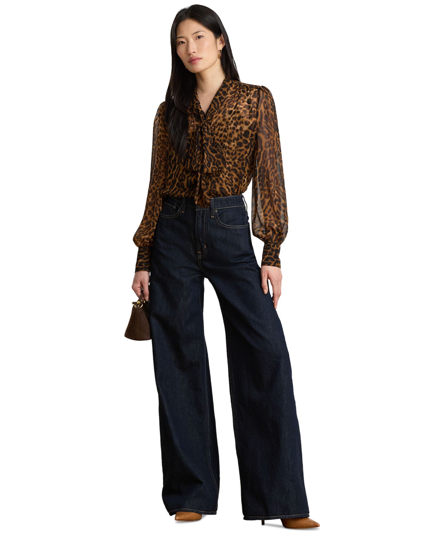 Женская блузка Lauren Ralph Lauren Petite Ocelot-Print Chiffon Tie-Neck, цвет: Рыжевато-коричневый разноцветный — фото 2