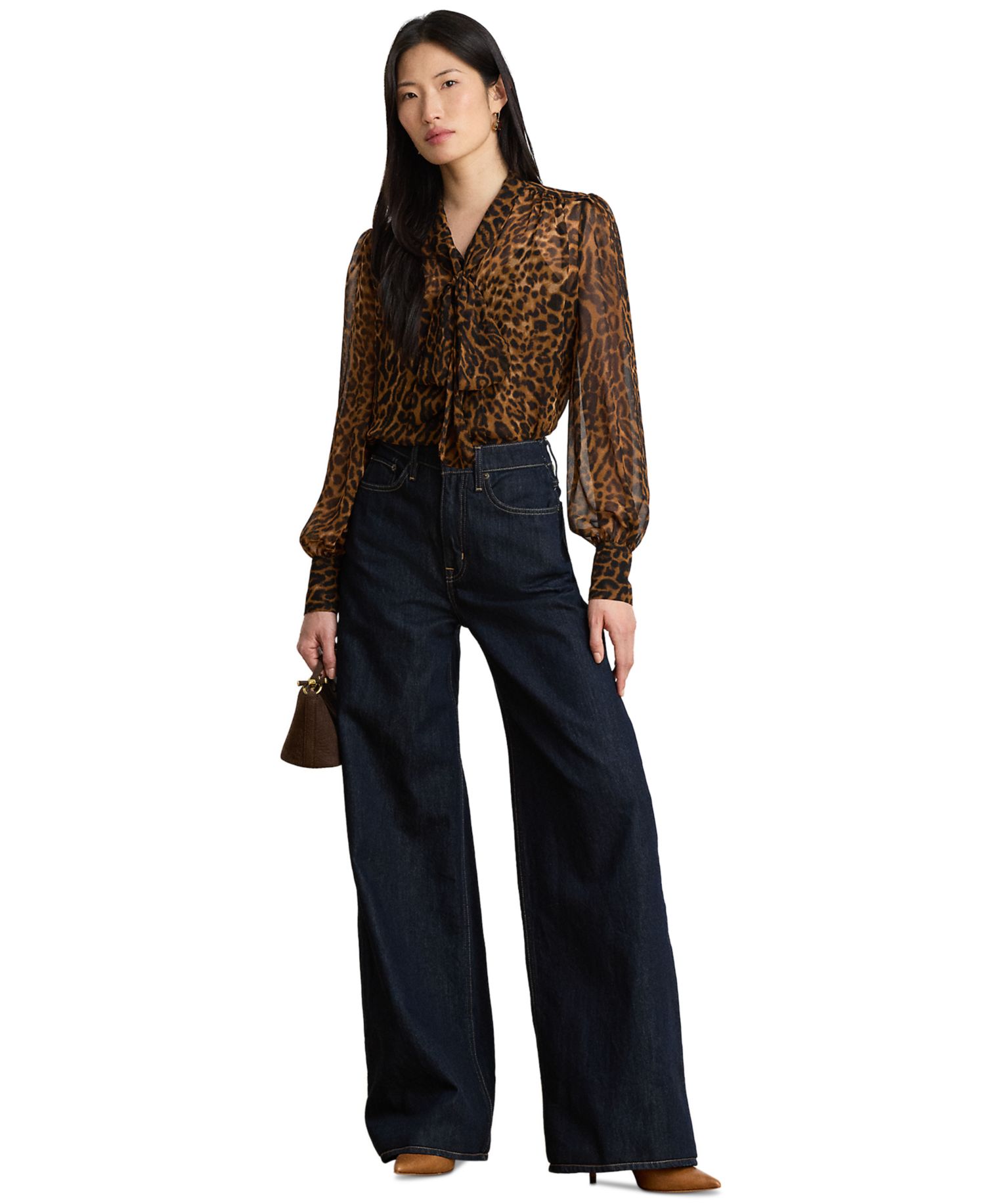 Petite Ocelot-Print Chiffon Tie-Neck Blouse