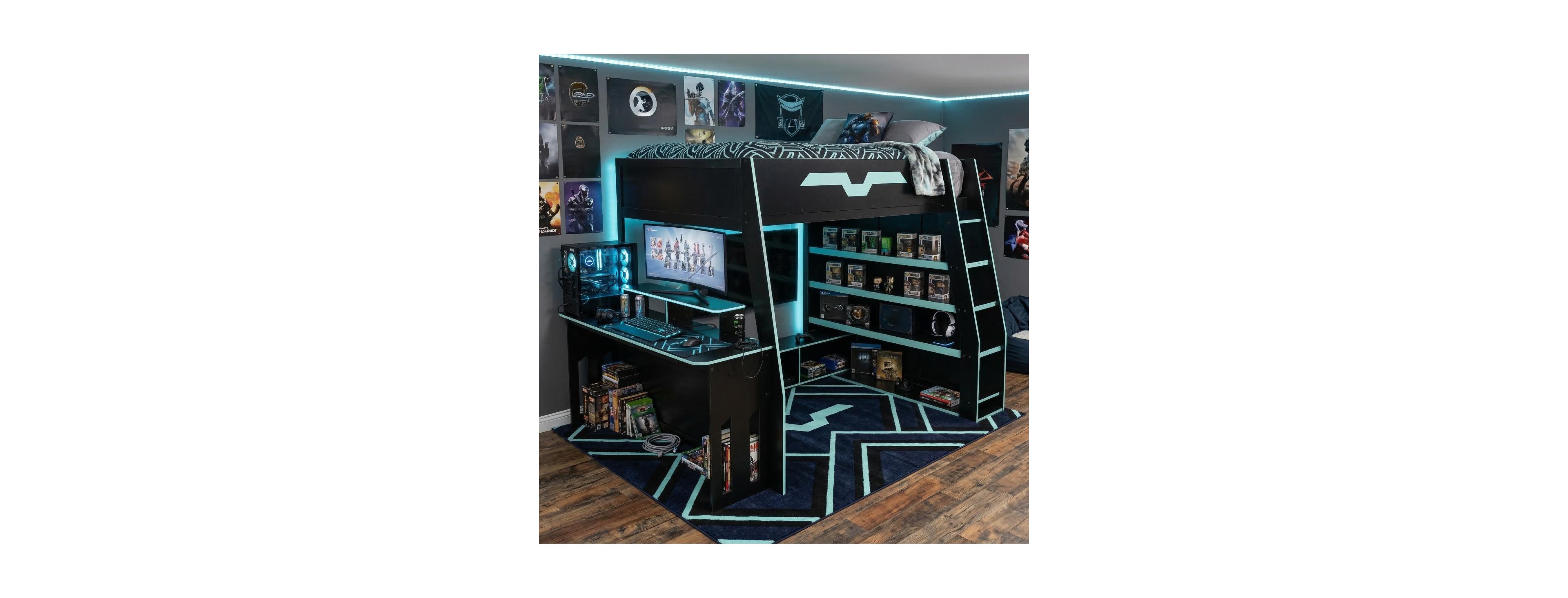 Streamdale Furniture Full Size Wood Loft Bed with Desk Storage Shelves and Rgb Light
