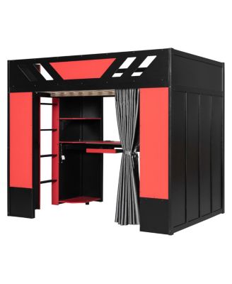  Full Size Wood Loft Bed with Shelves Blackout Curtains and RGB Lights