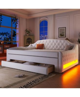 Upholstered Full Size Daybed with LED Belt Trundle and Three Drawers