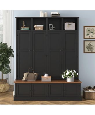 76.7'' Farmhouse Hall Tree with Bench Coat Rack and Storage Cabinet