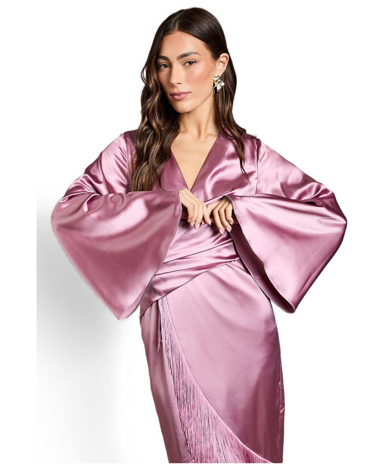 Women's V-Neck Fringe Wrap Midi Dress