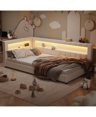  Upholstered Twin XL Size Platform Bed with USB Ports and LED Belt Cream