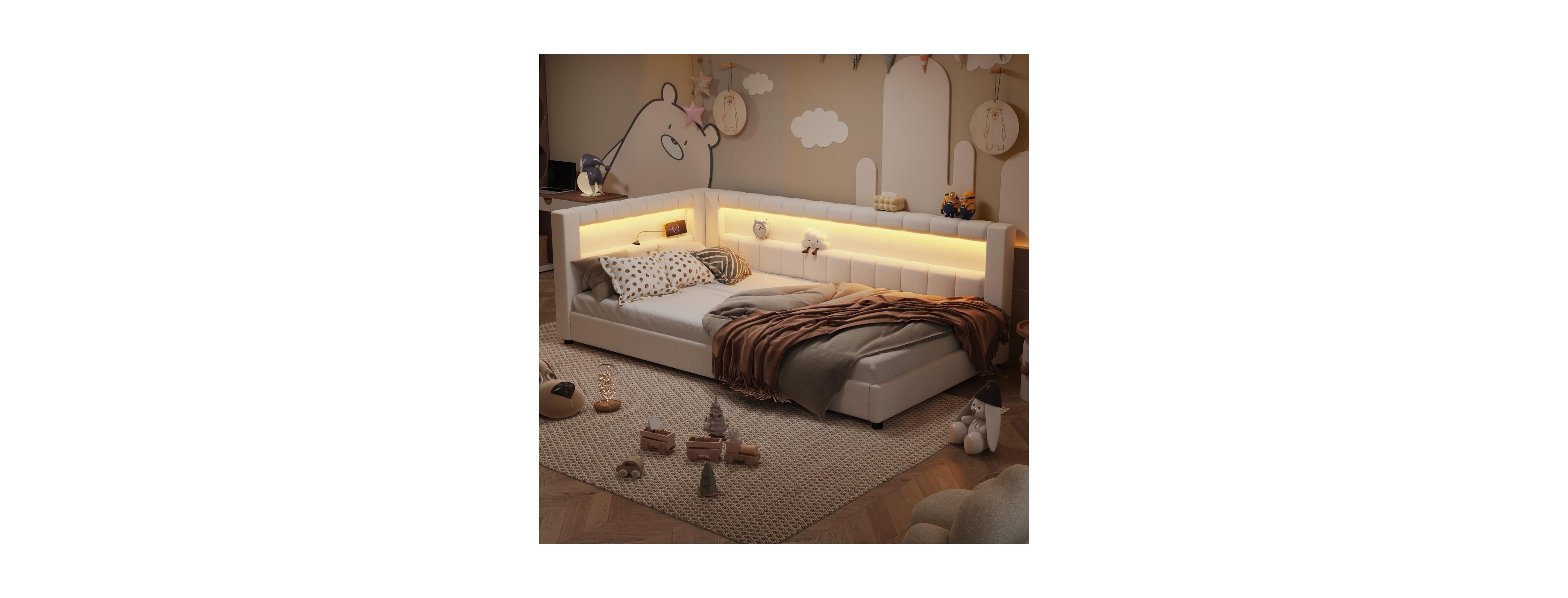 Streamdale Furniture Upholstered Twin Xl Size Platform Bed with Usb Ports and Led Belt Cream