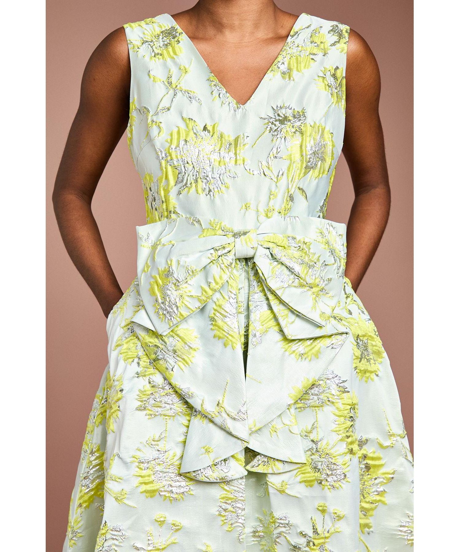 Women's V-Neck Bow Jacquard Midi Dress