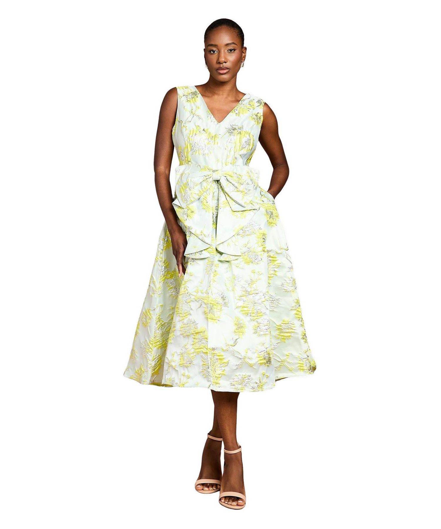 Women's V-Neck Bow Jacquard Midi Dress