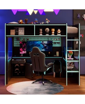 Twin Size Gaming Loft Bed with Desk Lights and Charging Station