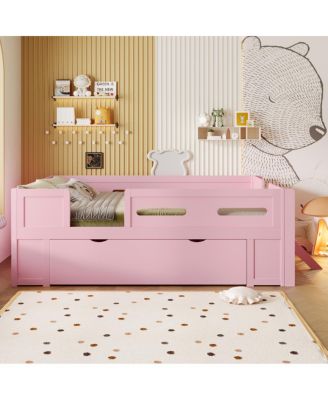Wood Full Size Platform Bed with Guardrail and Drawer