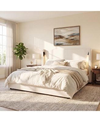 California King Upholstered Wingback Bed Frame with Reading Lamp and USB