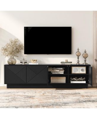 Stylish 4-Door Wave Design Cabinet with Adjustable Shelves and LED Accent