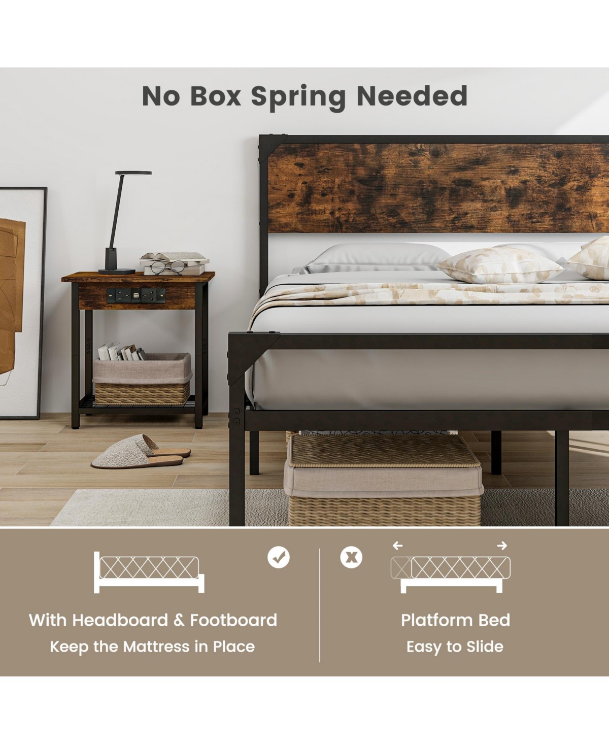 Gouun Platform Queen Size Bed with Headboard and Footboard