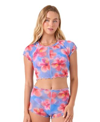 Women's Hibiscus Haze Mesh Crop Rashguard and Swim Cover-Up Shorts