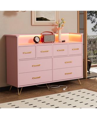 8 Drawer Dresser with Charging Station and RGB Lights, Wide Bedroom Storage Chest for Makeup Vanity, Gaming Setup, and Living Room