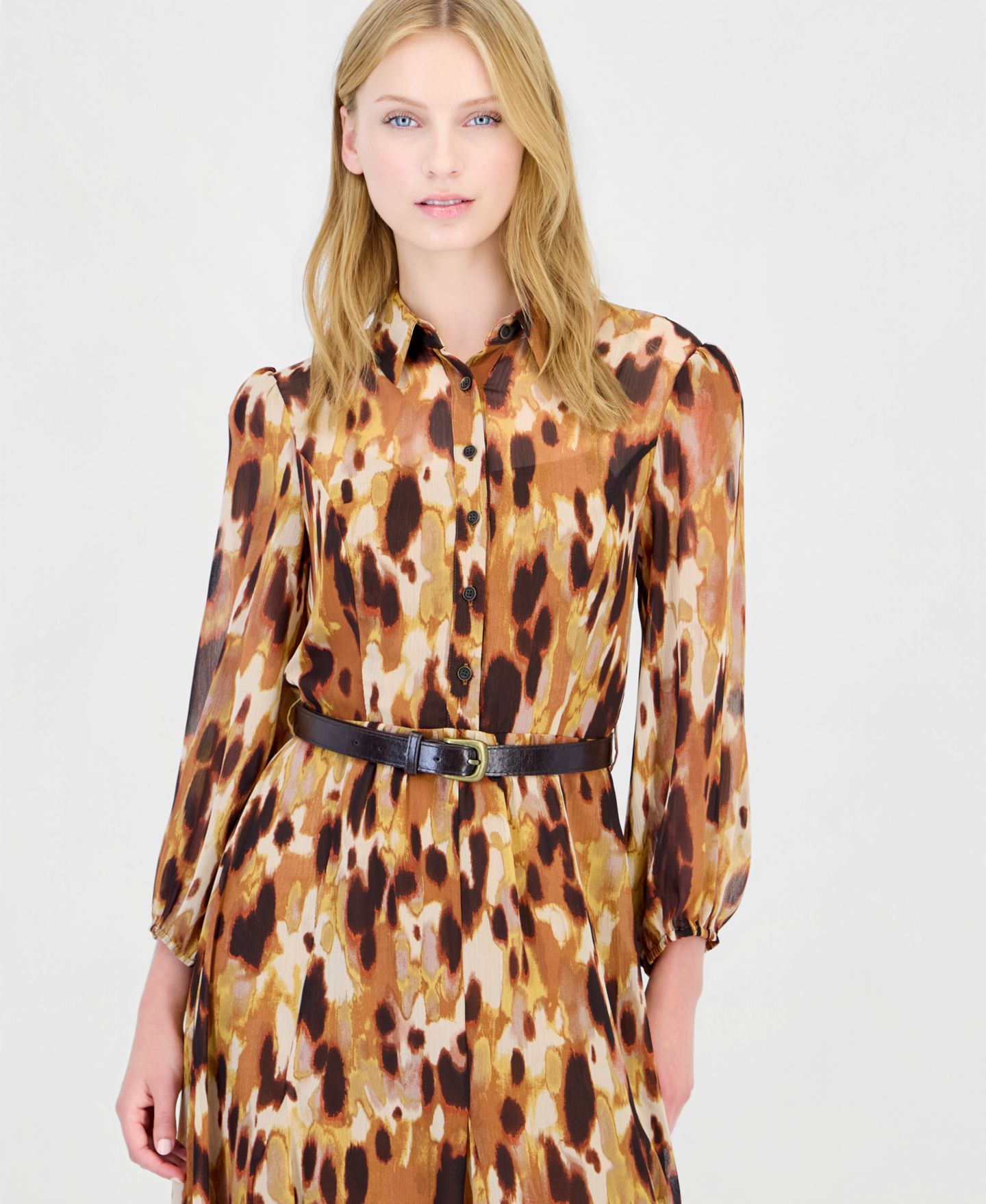 Женское платье Tahari ASL Long-Sleeve Belted Midi Shirt Dress, цвет: Светло-коричневый — фото 4