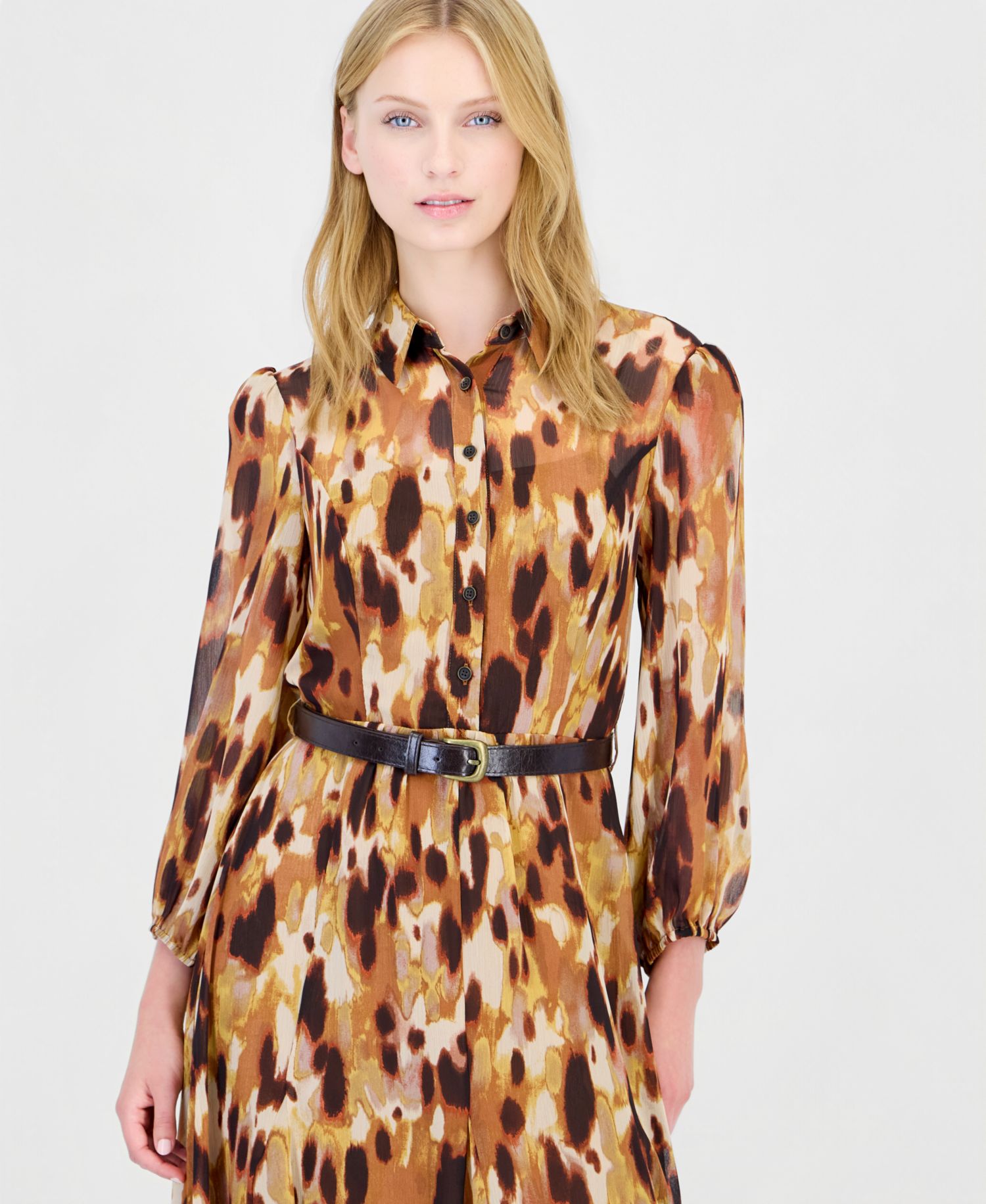 Women's Long-Sleeve Belted Midi Shirt Dress
