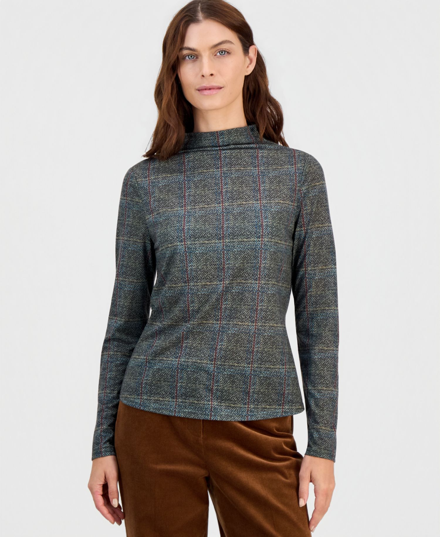 Women's Mock-Neck Plaid Top