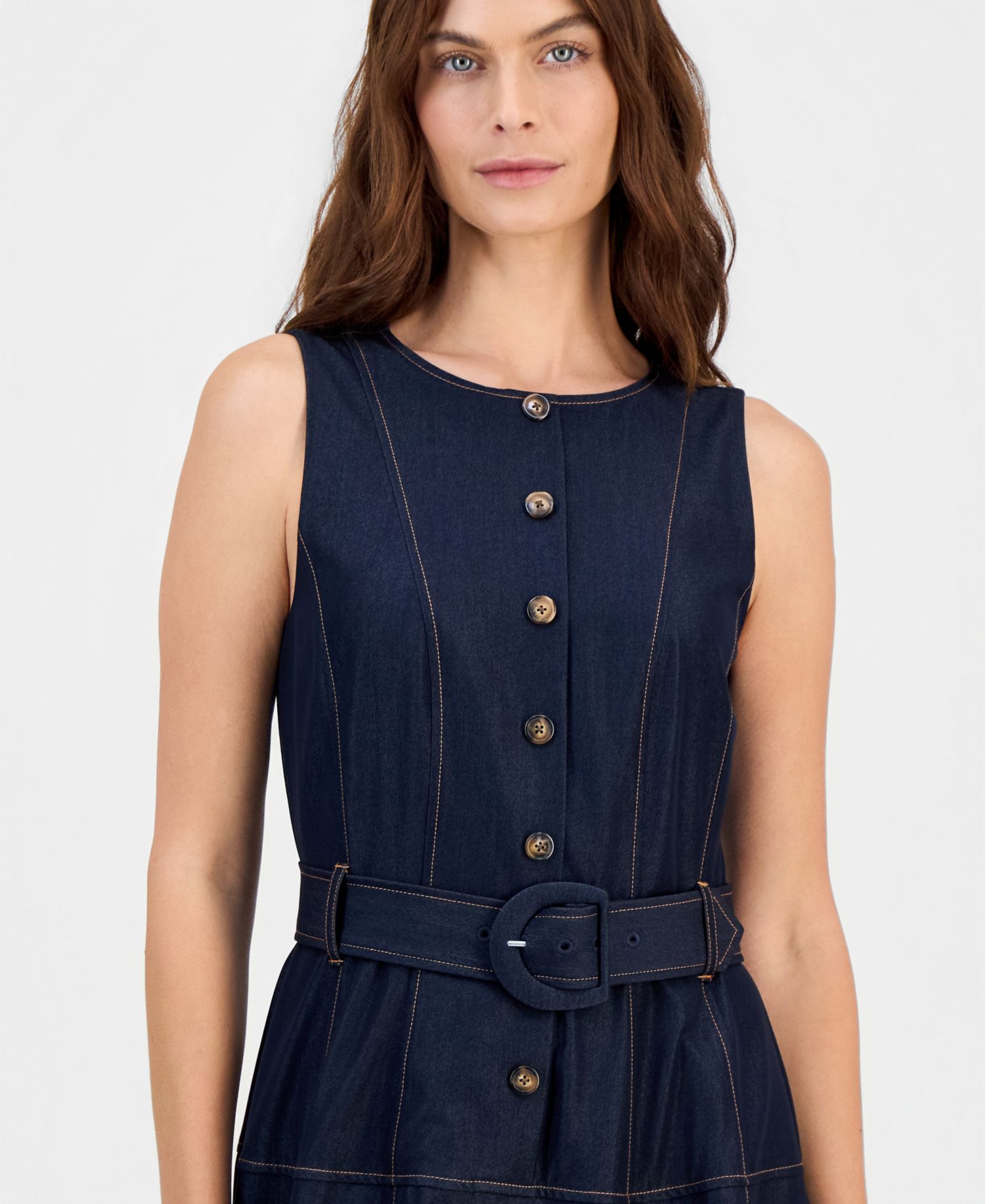 Women's Button-Front Belted Fit and Flare Midi Dress