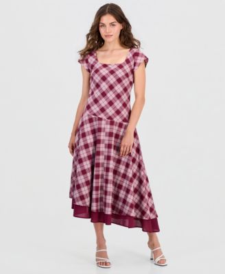 Petite Plaid Asymmetrical Short-Sleeve Maxi Dress