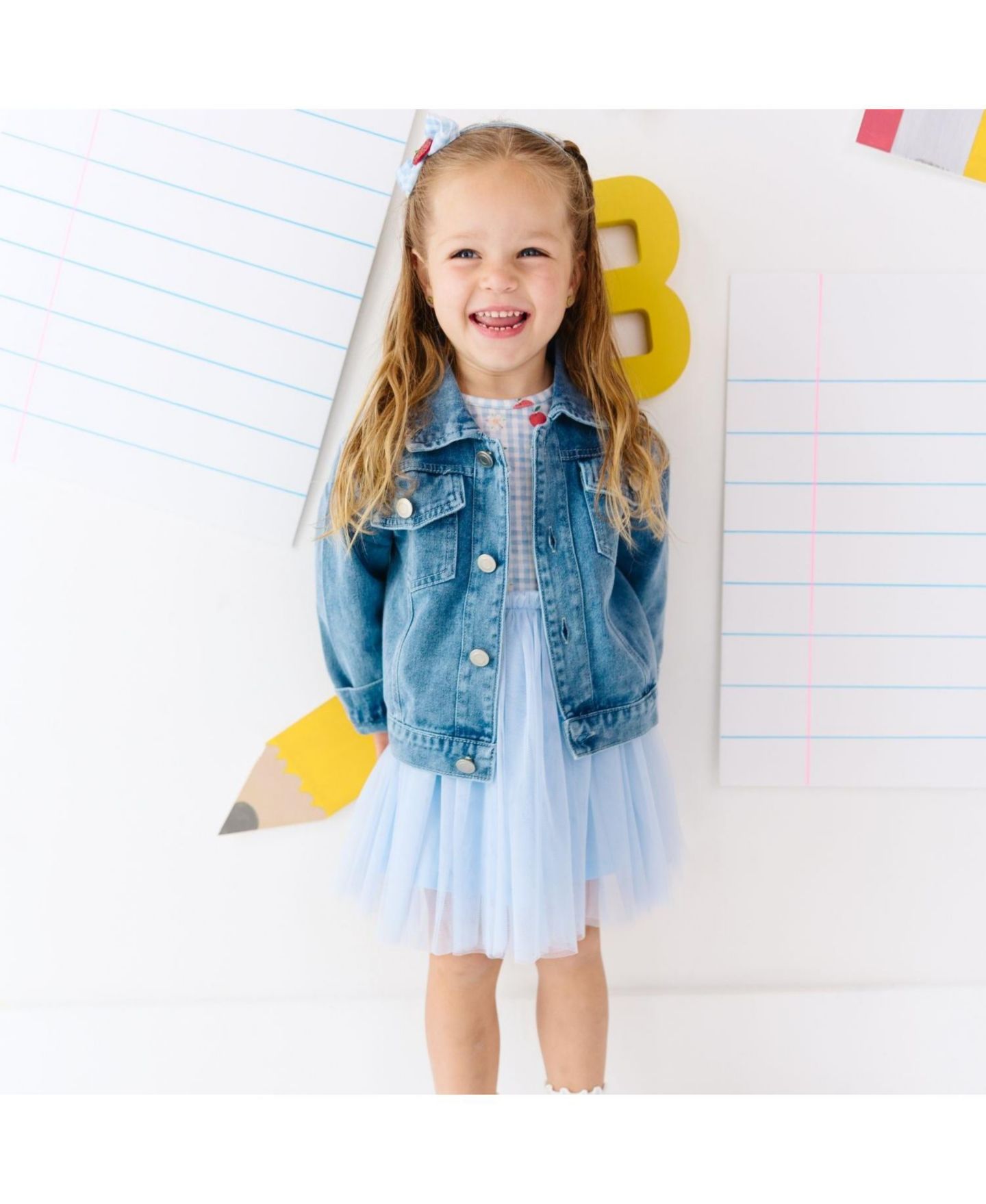 Куртка Sweet Wink Blue Plaid Bow Patch Denim для девочек, цвет: Джинсовый — фото 4