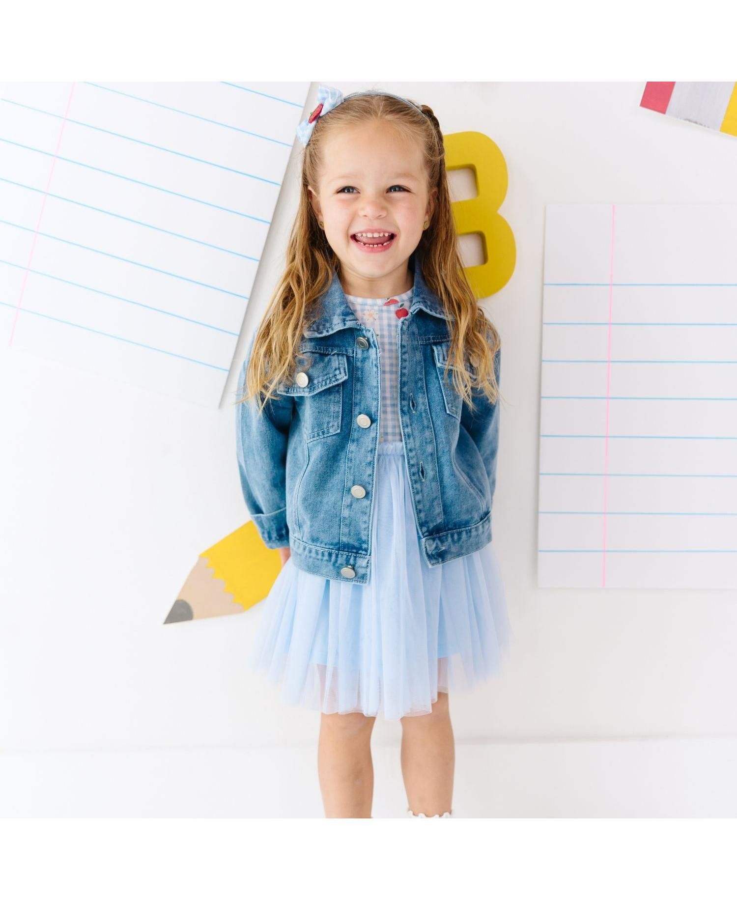 Little Girls Blue Plaid Bow Patch Denim Jacket