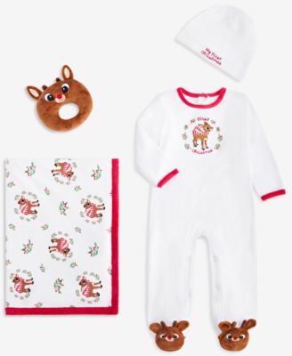 Baby Boys' or Baby Girls' My First Christmas Hat, Footed Coverall, Blanket and Toy, 4-Piece Set