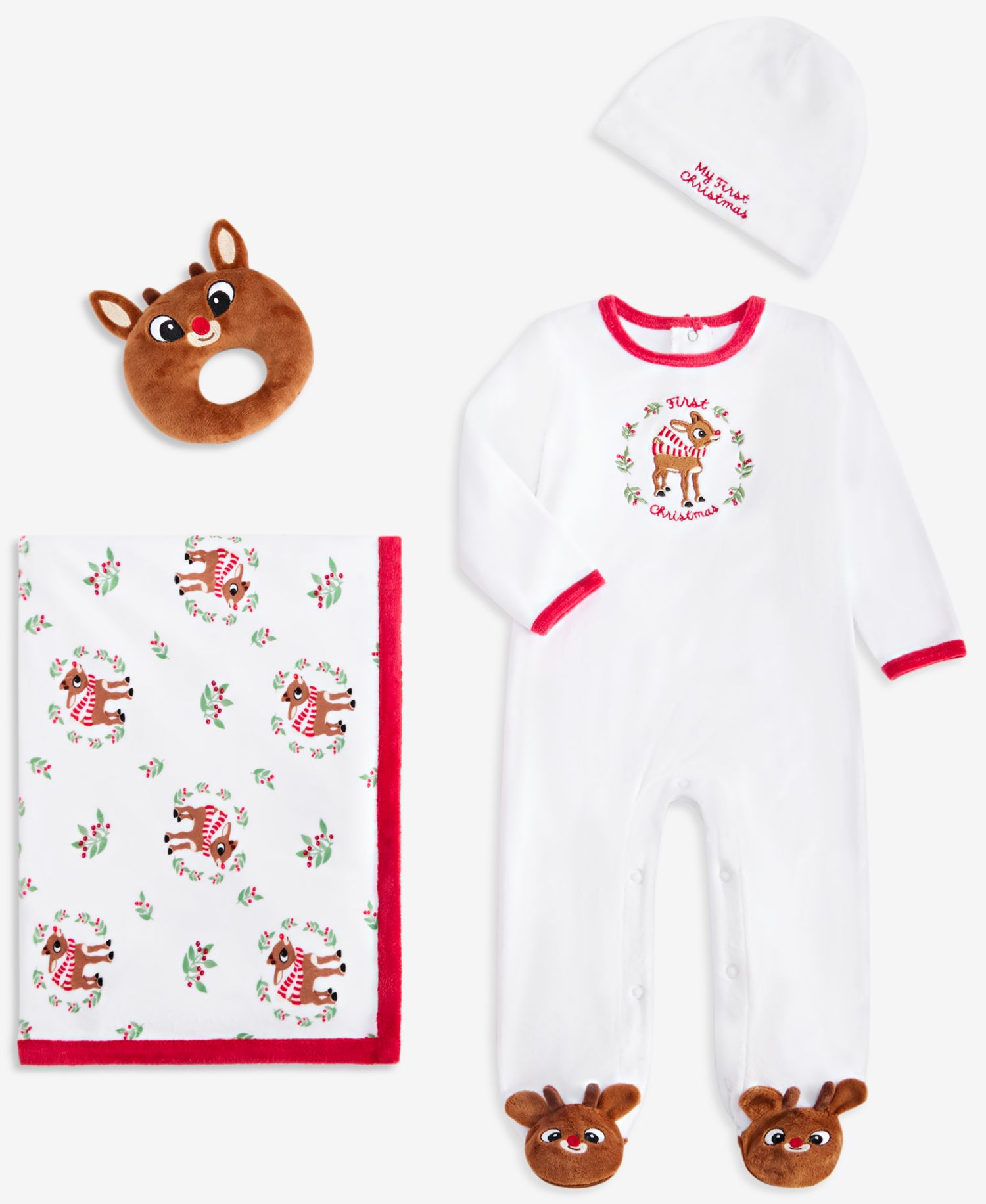 Baby Boys' or Baby Girls' My First Christmas Hat, Footed Coverall, Blanket and Toy, 4-Piece Set