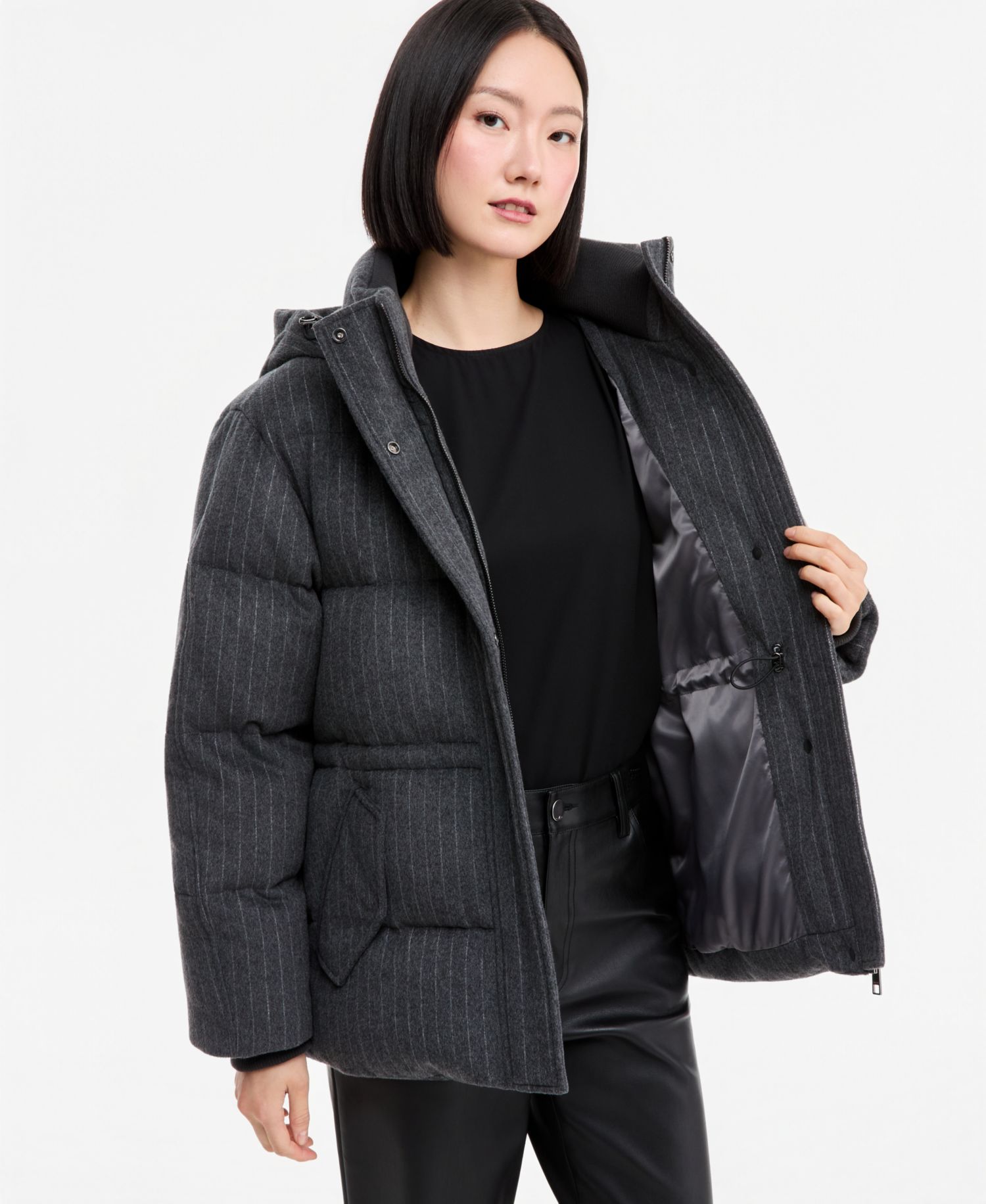 Women's Pinstripe Quilted Hooded Puffer Coat